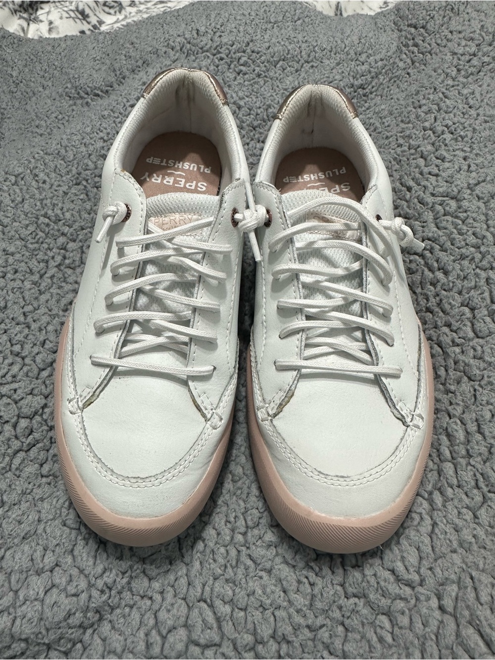 Sperry Plushstep White Leather Sneakers Womens 8.5 Rose Gold Casual Shoes